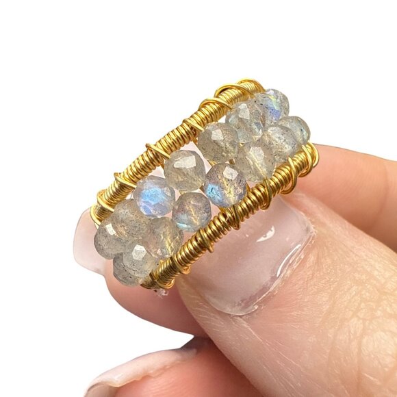 labradorite faceted bead double layer adjustable ring wire wrapped gold NEW - Picture 1 of 11